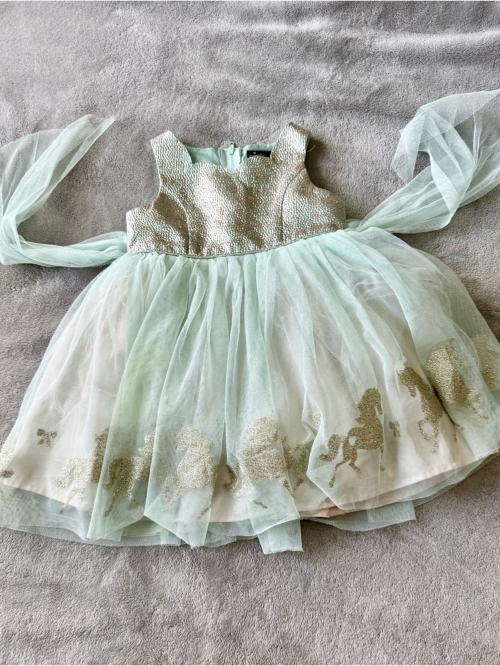 Mint Tulle Party Dress with Gold Glitter Horses
